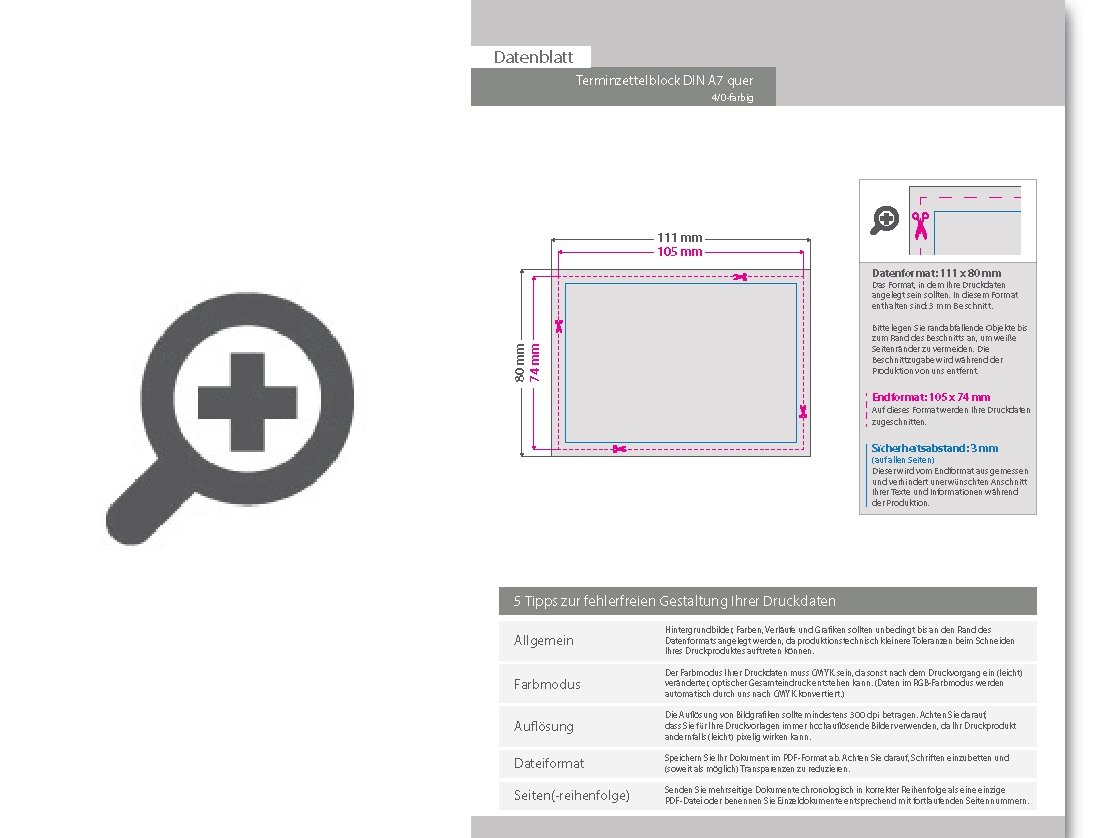 Product Bild terminzettelblock__din_a7_quer__25_blatt__4_0_farbig_einseitig_bedruckt